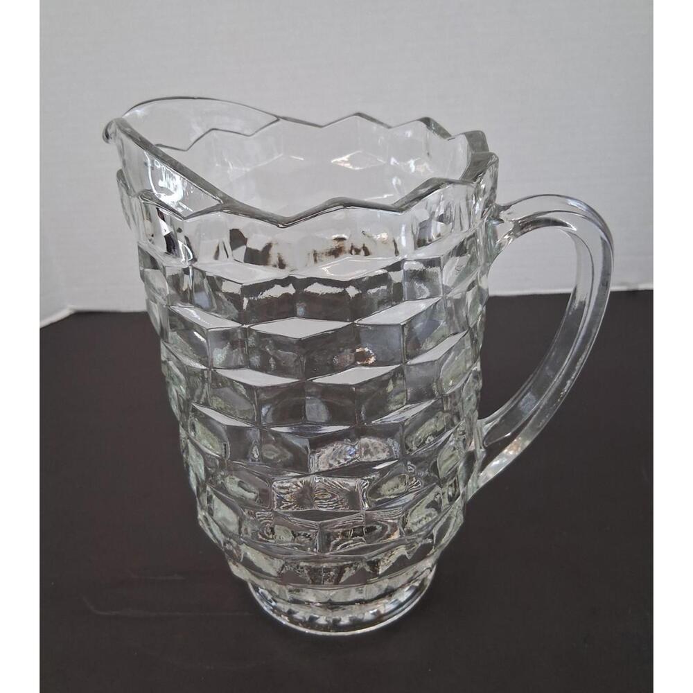 Pressed Glass Pitcher Waffle Block Pattern 48 oz. VTG 1940-60 MCM Heavy 8.5" EUC